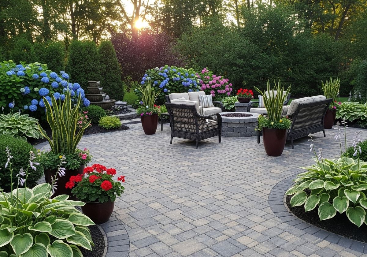 Outdoor Living Space with Fire Pit and Lush Landscaping