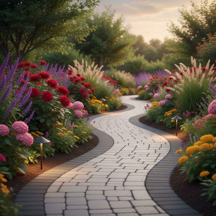 A curved paver walkway meandering through a lush green garden with colorful flowers.