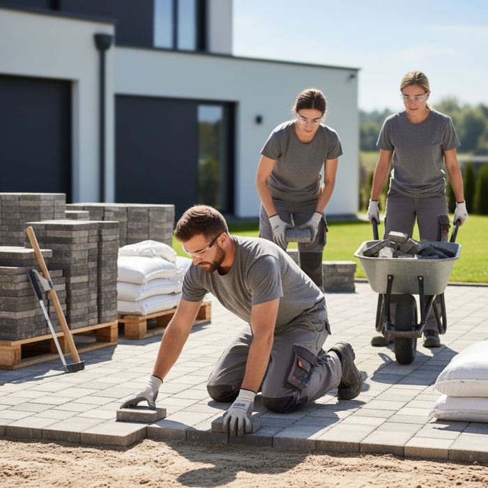 A team of paver patio contractors working efficiently together to lay paving stones.