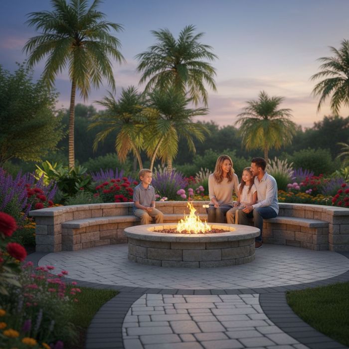 A family gathered around a circular paver fire pit at dusk, enjoying the warm glow in their backyard.