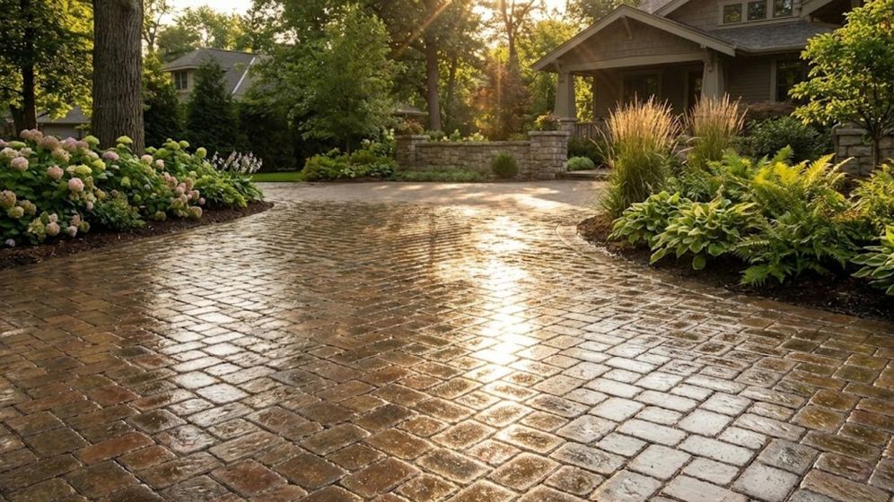 Sunlight glistening on a freshly sealed paver driveway