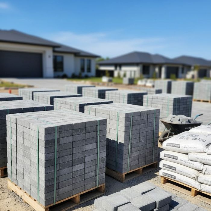 Neatly stacked pallets of driveway paving stones and bags of sand ready for a project.