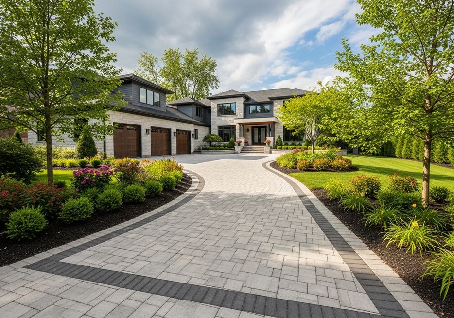 A wide-angle landscape photograph of a luxurious, newly installed interlocking paver driveway leading up to a large, modern suburban home under a partly cloudy sky.
