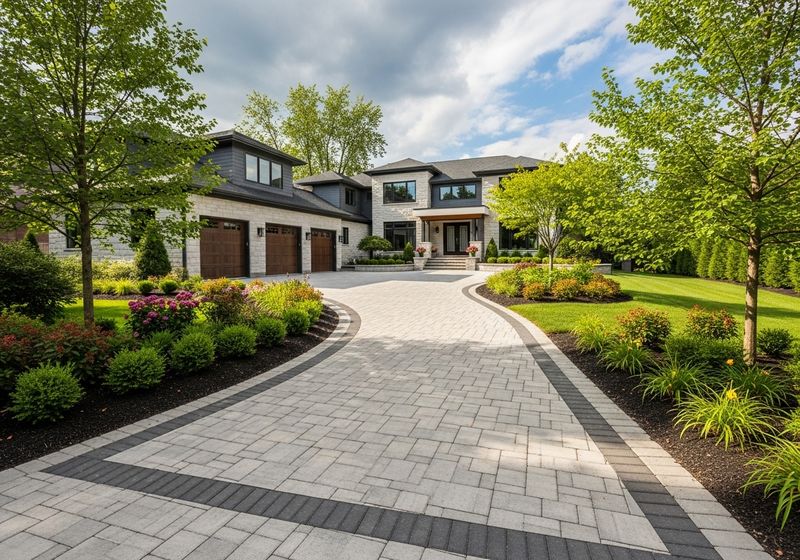 A wide-angle landscape photograph of a luxurious, newly installed interlocking paver driveway leading up to a large, modern suburban home under a partly cloudy sky.
