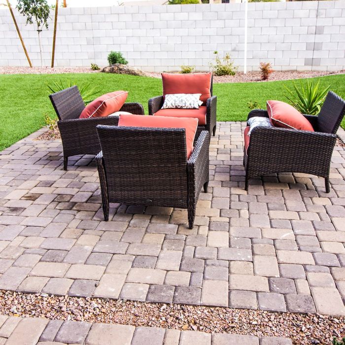 square patio with multi colored pavers