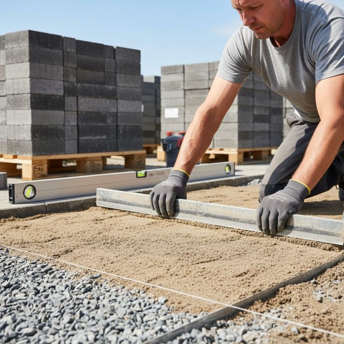 A construction worker carefully preparing the gravel and sand base for a paver walkway.