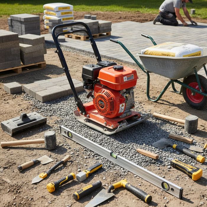 An array of professional paver installation tools, including a plate compactor and level, laid out on a job site.
