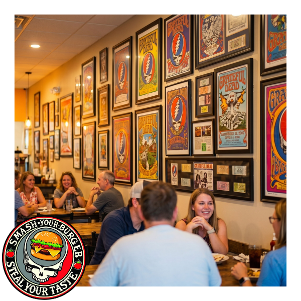 An interior photograph of the Grateful Griddle dining area in Powell, Ohio, showing warm, ambient lighting and walls densely decorated with vintage Grateful Dead posters and memorabilia.