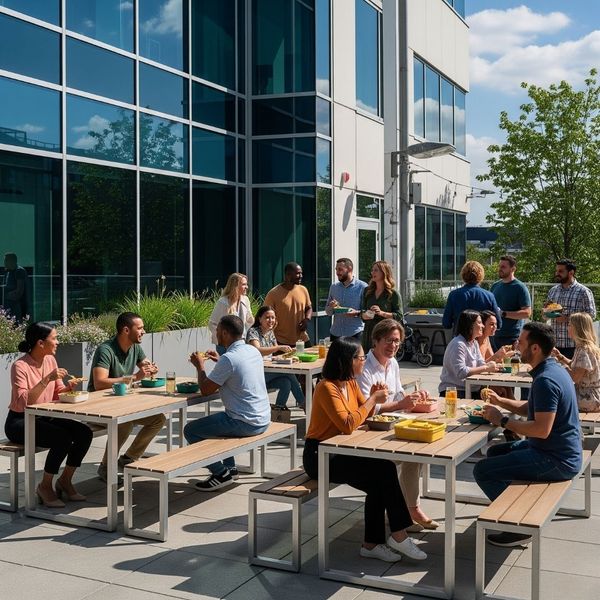 Employees enjoying a sunny outdoor lunch together