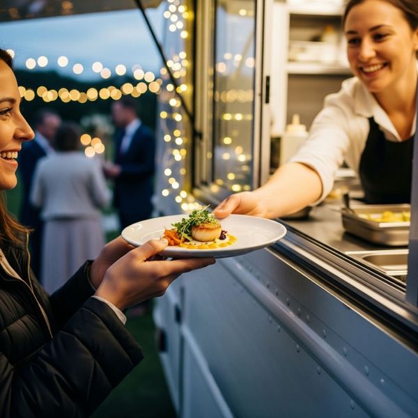 happy guest receives their meal through a food truck window at a wedding