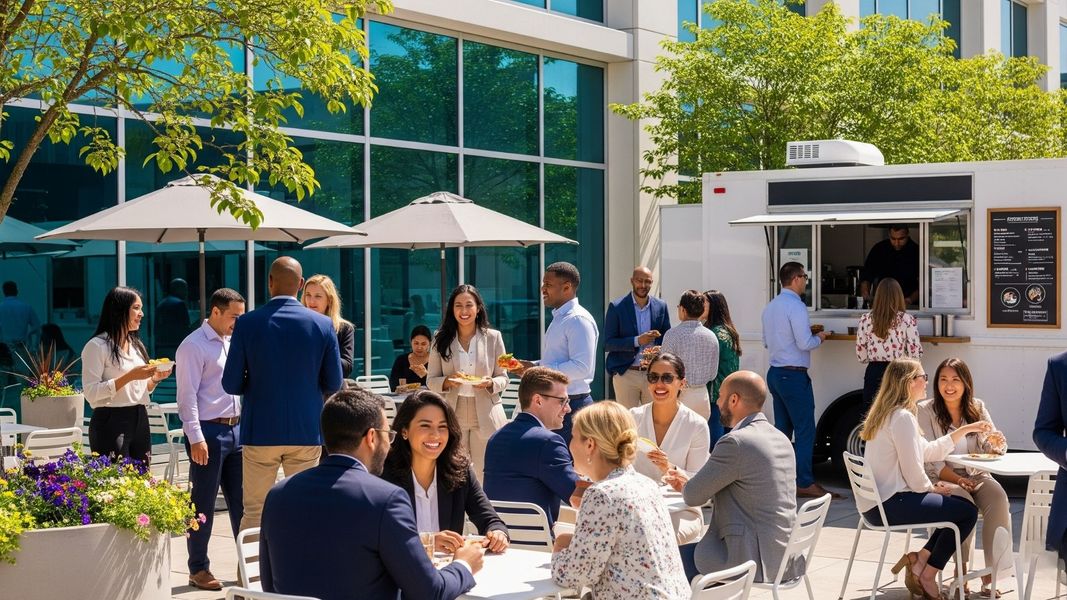 diverse team of professionals enjoys a catered food truck lunch outside their office  diverse team of professionals enjoys a catered food truck lunch outside their office
