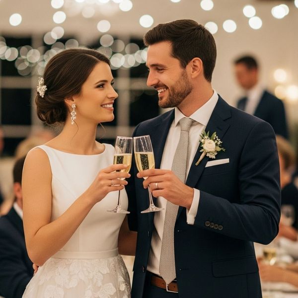 happy, stylish newlywed couple toasting at their wedding reception
