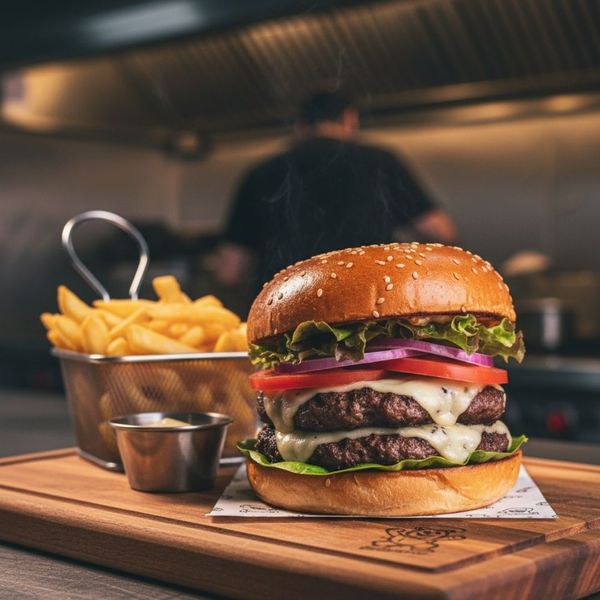 Gourmet smash burger on a bun with toppings, showcasing high-quality food truck menu items.