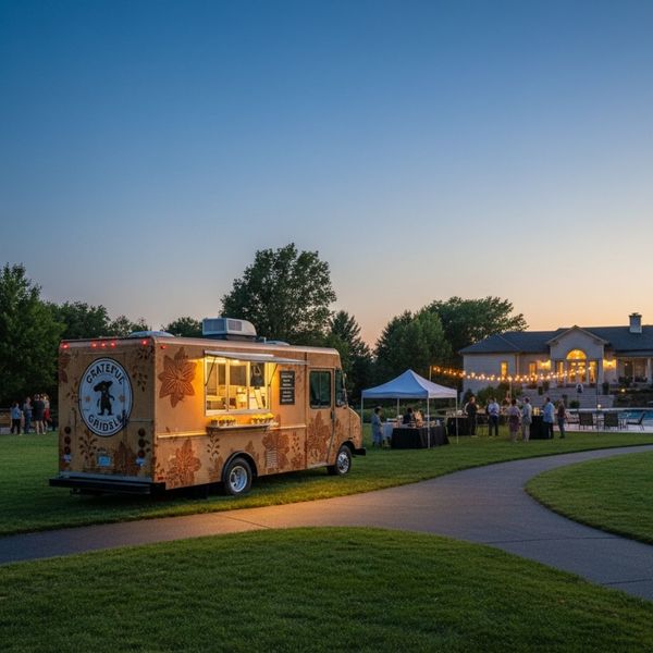 Modern food truck parked easily at a private party location, demonstrating catering flexibility.
