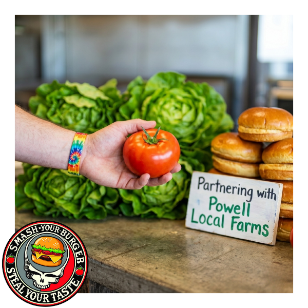 A close-up 1:1 photograph showing a chef's hand (with a tie-dye wristband) gently holding a fresh, locally sourced organic tomato on a rustic kitchen counter at Grateful Griddle in Powell, Ohio, next to other high-quality vegetables and artisanal buns.