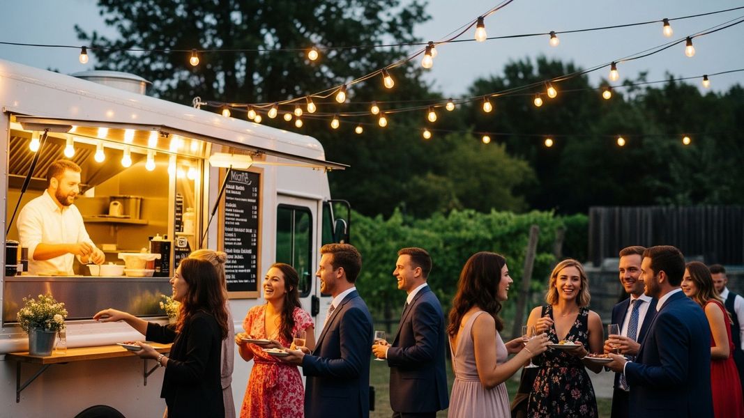 food truck serves guests at a beautiful outdoor wedding reception with festive string lights