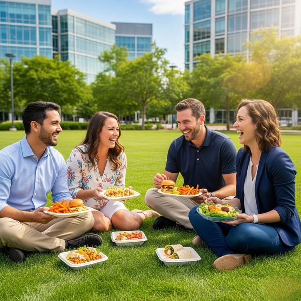 Colleagues bonding and laughing during an outdoor corporate lunch on the grass Colleagues bonding and laughing during an outdoor corporate lunch on the grass