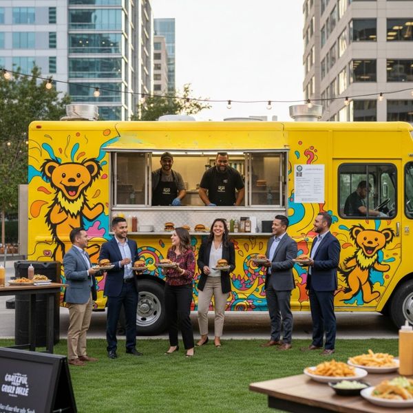 Event guests smiling and receiving food from a friendly food truck vendor, highlighting the fun dining experience.