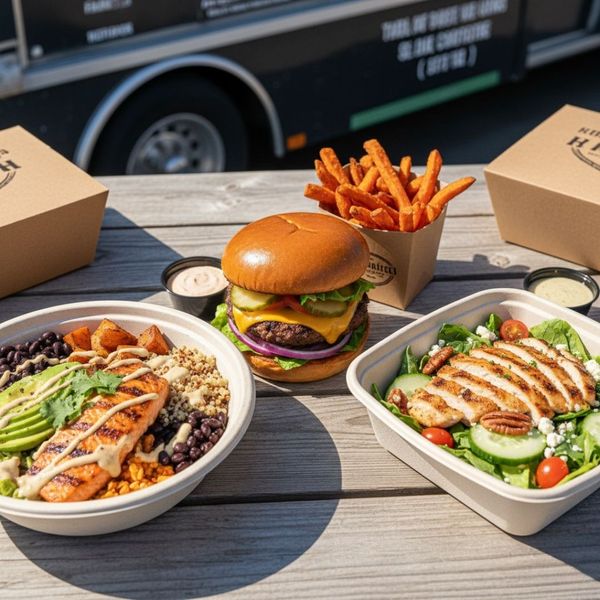 overhead shot of three different, delicious-looking meals