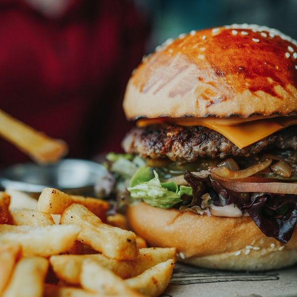 closeup of burger with fries