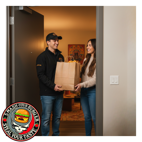 man delivering food to woman