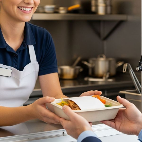 staff member serves a meal to a corporate employee from a food truck staff member serves a meal to a corporate employee from a food truck