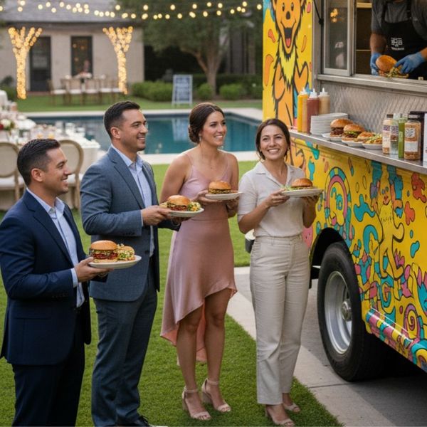 Dedicated food truck chef working efficiently inside the truck kitchen during a busy catering event.