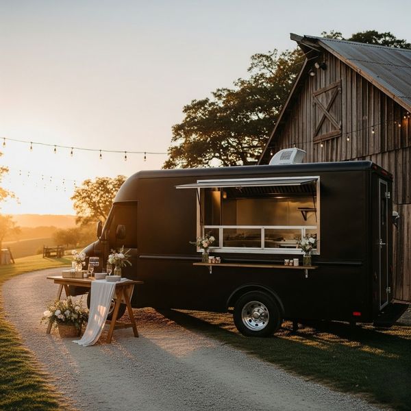 food truck is parked and ready for service at a rustic barn wedding venue