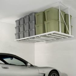 Overhead storage rack installed in garage