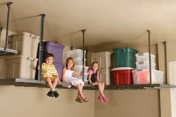 Overhead storage racks installed in garage