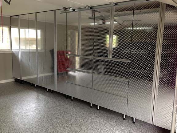 Geneva garage cabinets that resemble stainless steel.