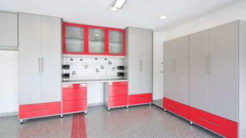 red custom garage cabinets
