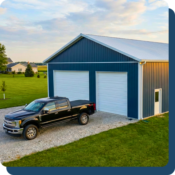 truck parked outside pole barn 
