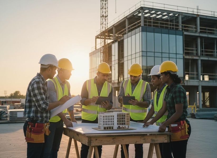 A diverse construction crew in hard hats and safety vests discusses building plans and a model on an active site at sunset. Construction Team Reviewing Plans on Site