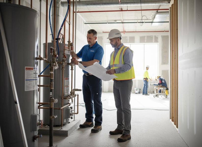 Plumber and Supervisor Reviewing Commercial Water Heater Installation