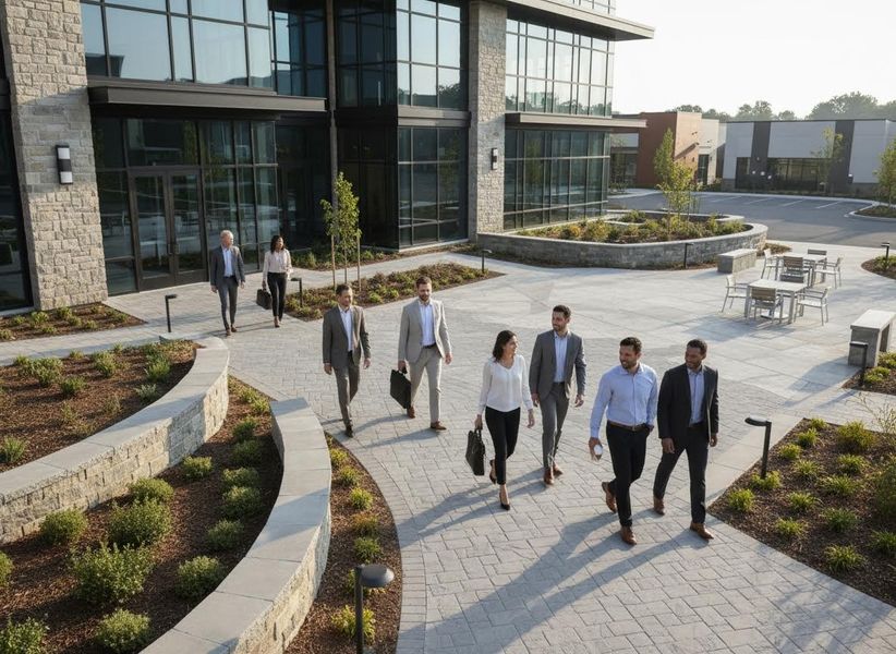 A diverse group of business professionals walk and converse on a paved outdoor path in front of a modern glass and stone office building. Diverse Business Professionals on Office Campus Walkway