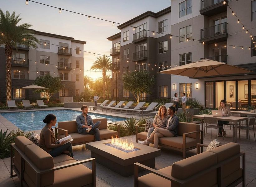 Residents relax and socialize by a pool and fire pit at a modern apartment complex at sunset. String lights illuminate the lively outdoor common area. Modern apartment community with residents enjoying an evening by the pool and fire pit