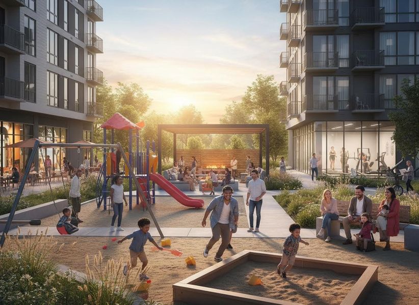 A lively apartment courtyard features kids on a playground, adults by a fire pit and dining area, and a gym. Residents enjoy amenities at sunset. Vibrant Courtyard of a Modern Apartment Complex