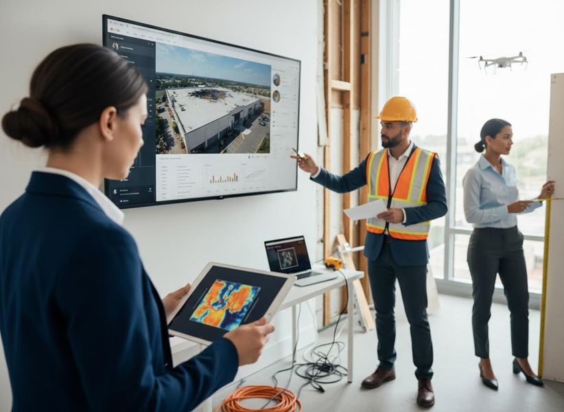 A construction team reviews aerial drone imagery, thermal maps, and site data on screens, with a drone visible outside during planning. Construction Team Analyzing Drone Data and Site Plans