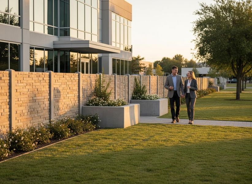 Two business professionals, a man and a woman, walk and converse on a path outside a modern office building with green landscaping at sunset. Business colleagues walking outside modern office