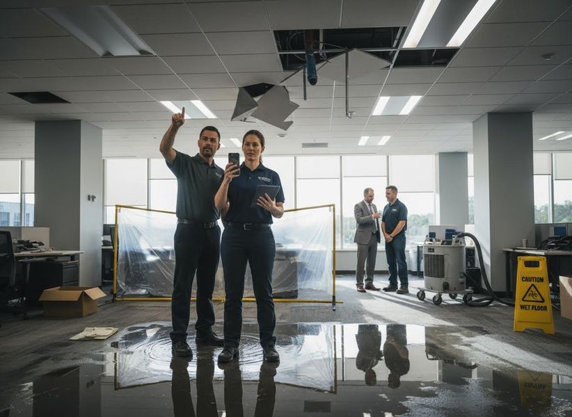 Water damage specialists assessing a flooded office