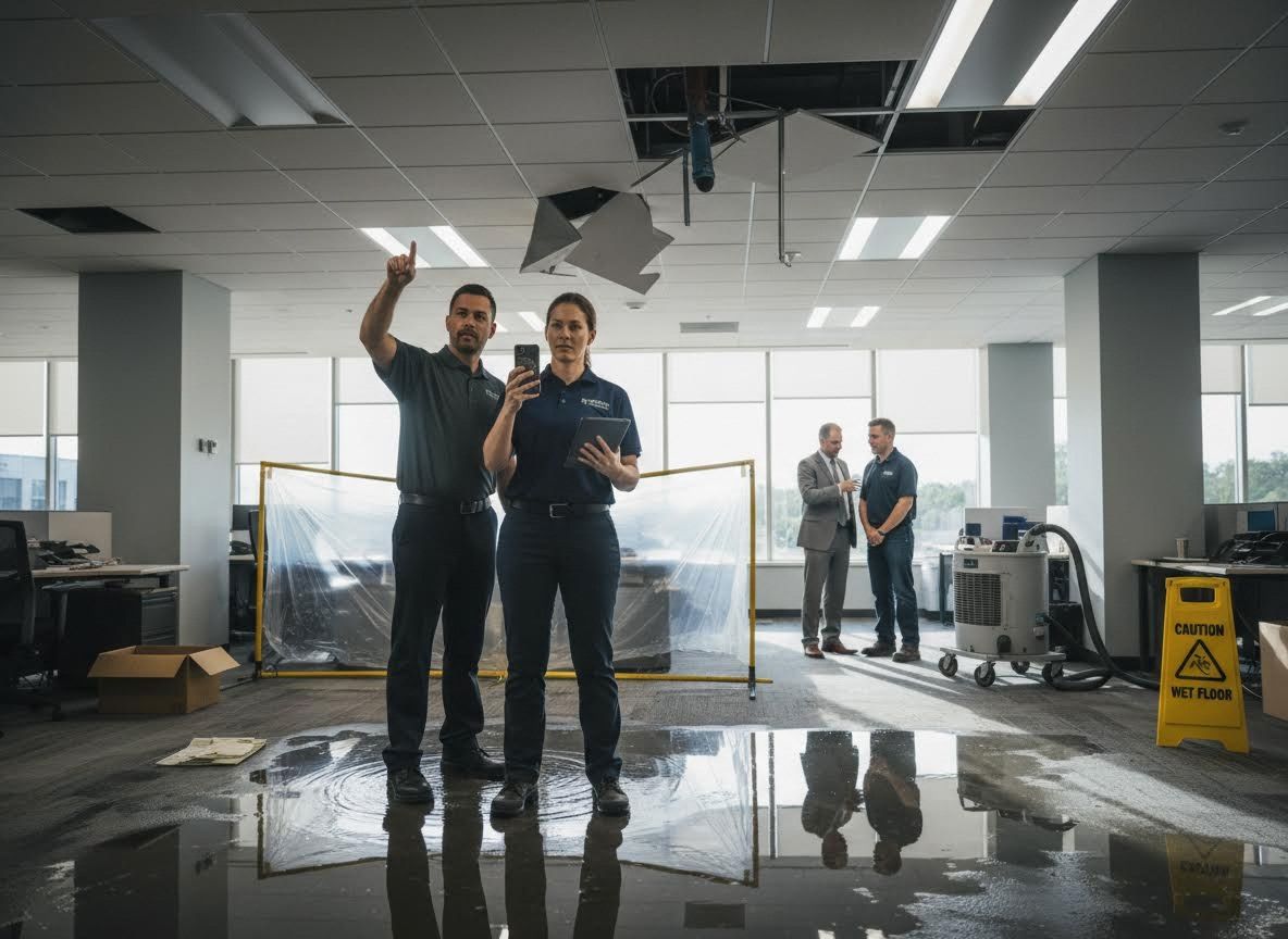 Water damage specialists assessing a flooded office