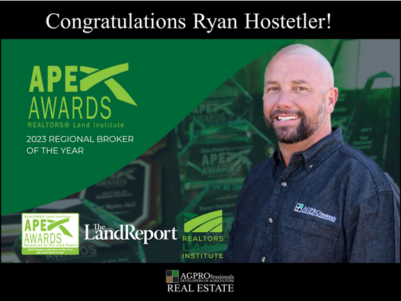 Ryan Hostetler - w APEX Land and Crop Logo - 2023 Regional Broker of the Year - Apex Award - Realtors Land Institute - AGPROfessionals.png