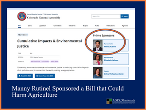 Sponsored by Manny Rutinel, Colorado House Bill 24-1338 was signed into law on May 28, 2024. It aims to promote environmental justice by addressing cumulative air pollution impacts. It creates a new regulatory framework that could have significant implications for Colorado agriculture, particularly for dairy operations, feedlots, livestock facilities, food processors, grain-handling facilities, ethanol plants, and other agricultural businesses that require state air or environmental permits.
Manny Rutinel Sponsored a Bill that Could Harm Agriculture - Colorado HB24-1338