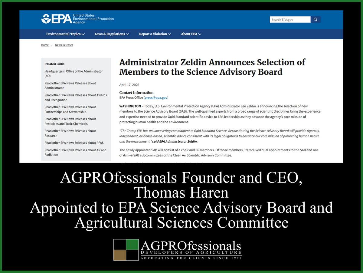 AGPROfessionals Thomas Haren Appointed to EPA Science Advicsory Board.png