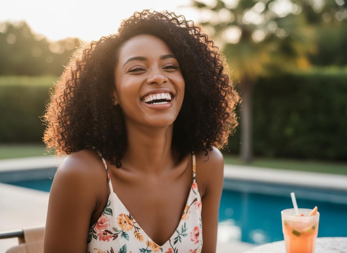 Joyful Woman with Curly Hair by Pool