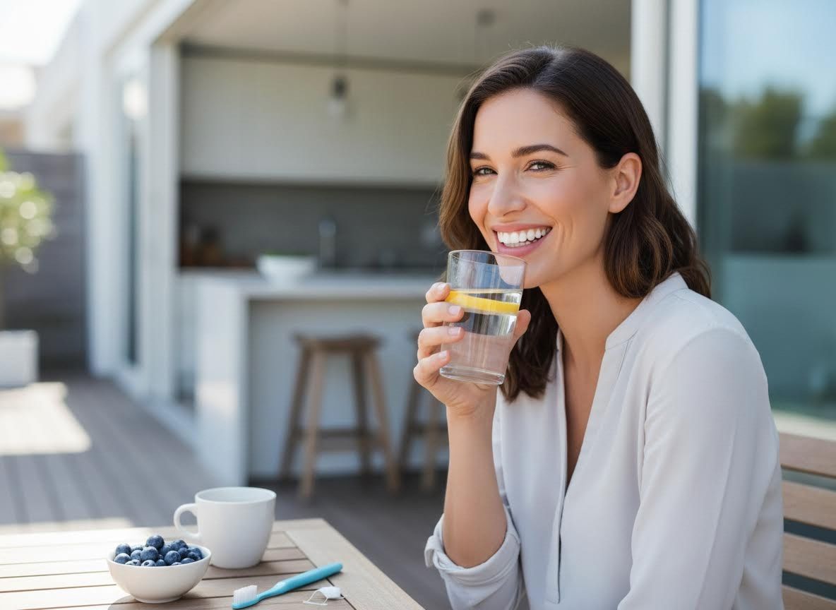 Woman Smiling with Lemon Water Outdoors