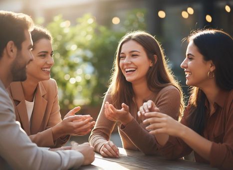 Four young adults, two men and two women, happily conversing around a wooden table outdoors, bathed in sunlight. Friends laughing and talking at an outdoor cafe