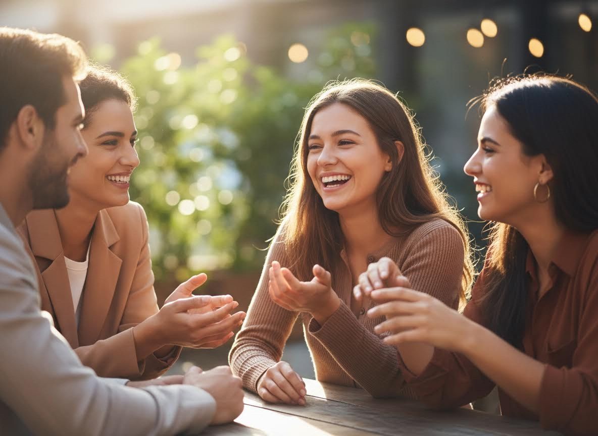 Friends laughing and talking at an outdoor cafe