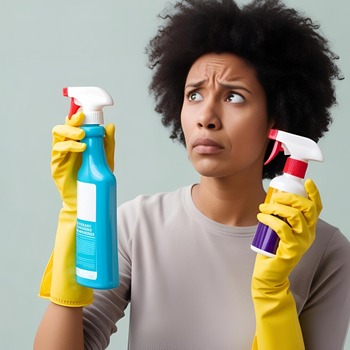 A person looking confused while holding two different cleaning products %E2%80%93 This represents the idea of sorting out cleaning facts from fiction. (1).jpg